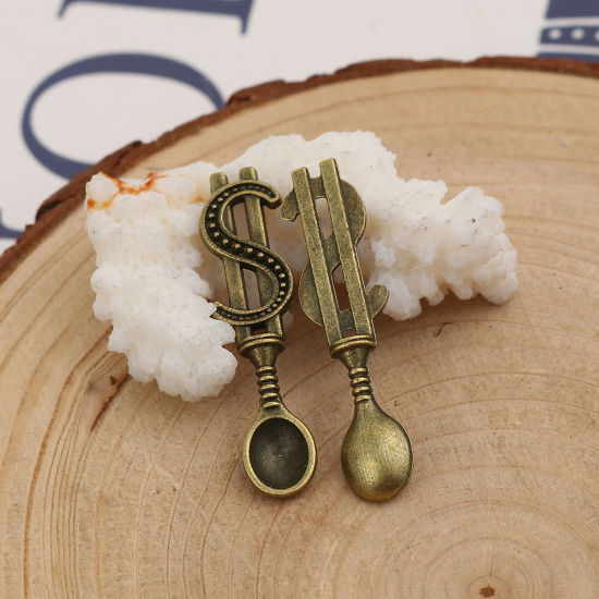 Bild von Zinklegierung 3D Anhänger Löffel Bronzefarbe Symbol von US-Dollar 37mm x 9mm, 30 Stück