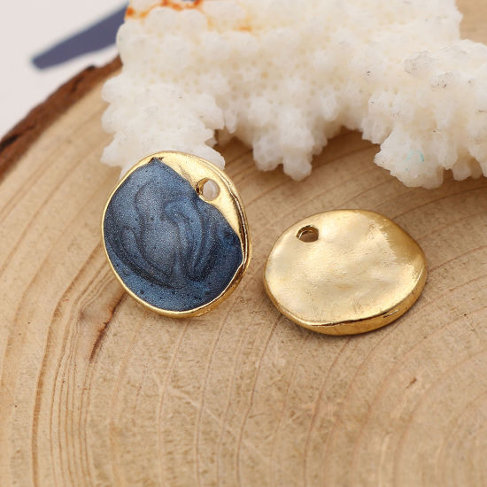 Immagine di Lega di Zinco Smalto Charms Irregolare Oro Placcato Blu Scuro Tondo Brillio 15mm x 15mm , 5 Pz