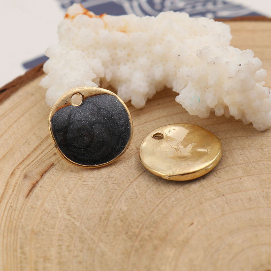 Immagine di Lega di Zinco Smalto Charms Irregolare Oro Placcato Nero Tondo Brillio 15mm x 15mm , 5 Pz
