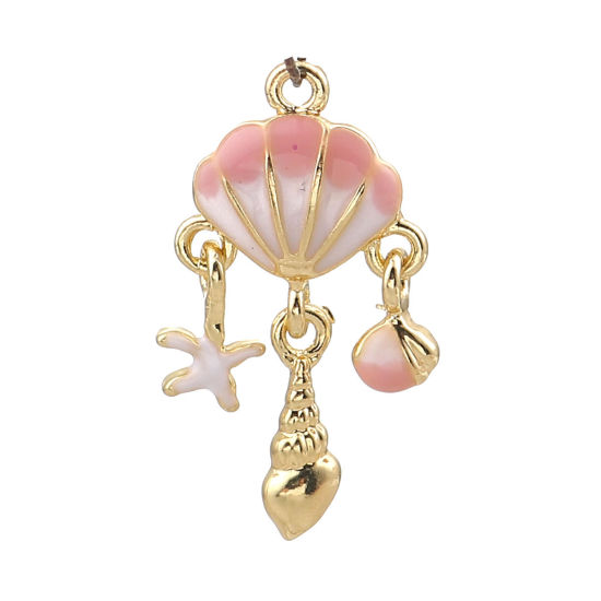 Bild von Zinklegierung Emaille Anhänger Muschel Vergoldet Rosa 34mm x 18mm, 3 Stück