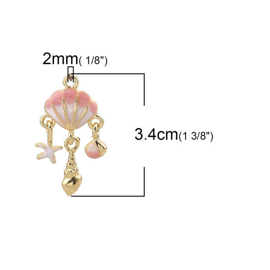 Bild von Zinklegierung Emaille Anhänger Muschel Vergoldet Rosa 34mm x 18mm, 3 Stück