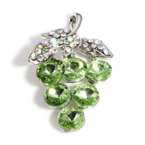 Imagen de Zamak Colgantes Charms Uva Argentado Verde Rhinestone 29mm x 19mm, 2 Unidades