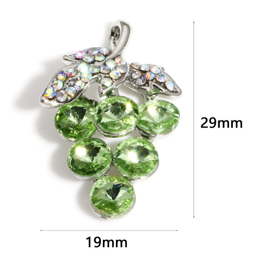 Imagen de Zamak Colgantes Charms Uva Argentado Verde Rhinestone 29mm x 19mm, 2 Unidades