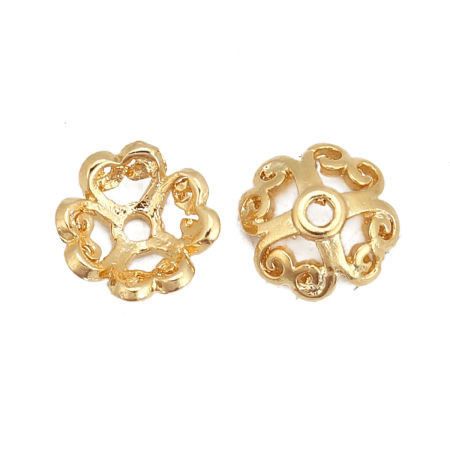 Brass Beads Caps Flower 18K Real Gold Plated Hollow (Fit Beads Size: 10mm Dia.) 8mm x 8mm, 10 PCs