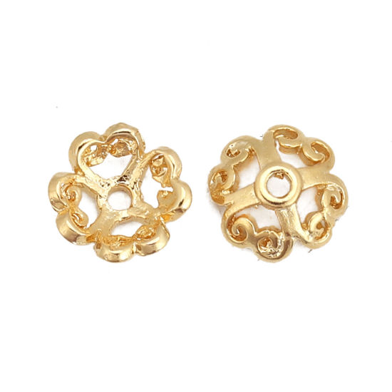Picture of Brass Beads Caps Flower 18K Real Gold Plated Hollow (Fit Beads Size: 10mm Dia.) 8mm x 8mm, 10 PCs                                                                                                                                                             