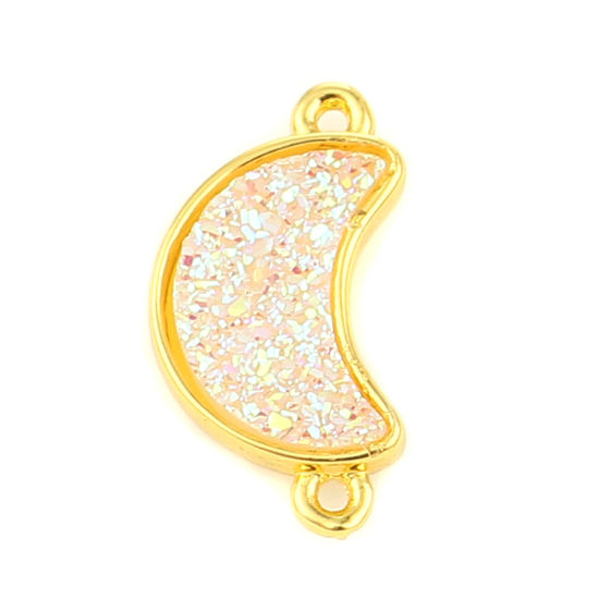 Picture of Brass & Resin Druzy/ Drusy Connectors Half Moon Gold Plated Creamy-White 19mm( 6/8") x 10mm( 3/8"), 5 PCs                                                                                                                                                     