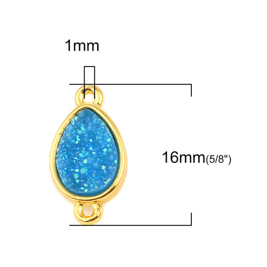 Picture of Brass & Resin Druzy/ Drusy Connectors Drop Gold Plated Light Blue 16mm( 5/8") x 9mm( 3/8"), 5 PCs                                                                                                                                                             