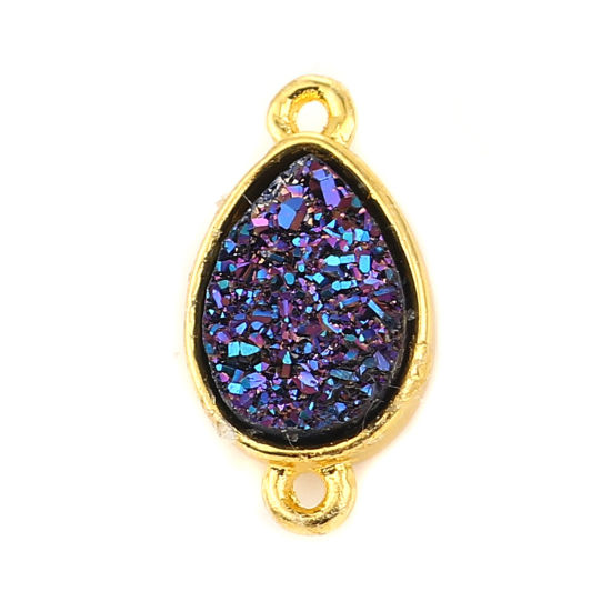 Picture of Brass & Resin Druzy/ Drusy Connectors Drop Gold Plated Deep Blue 16mm( 5/8") x 9mm( 3/8"), 5 PCs                                                                                                                                                              