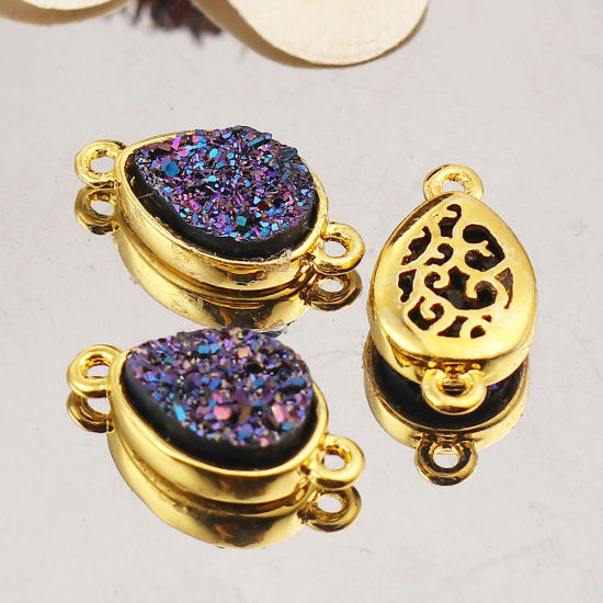 Picture of Brass & Resin Druzy/ Drusy Connectors Drop Gold Plated Deep Blue 16mm( 5/8") x 9mm( 3/8"), 5 PCs                                                                                                                                                              