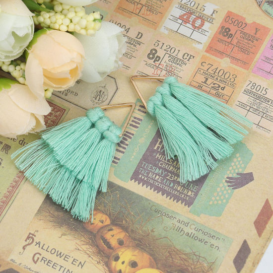 Immagine di Poliestere Nappine Ciondoli Triangolo Oro Placcato Menta Verde 43mm x 30mm, 3 Pz