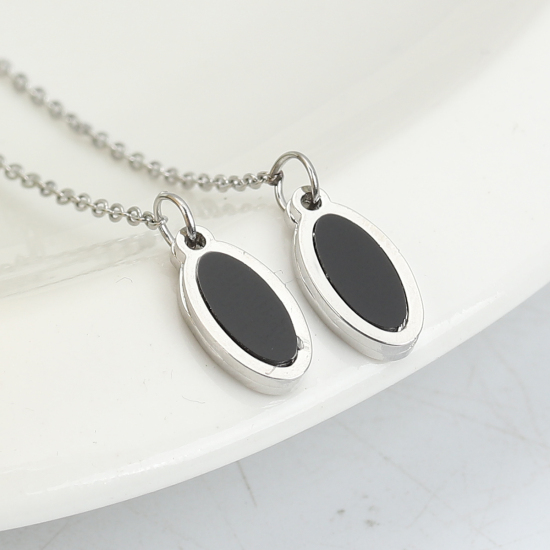 Immagine di 304 Acciaio Inossidabile Catenella a orecchino Tono Argento Nero Ovale 12.7cm, Posta / Filo Dimensione: (21 misura), 2 Pz