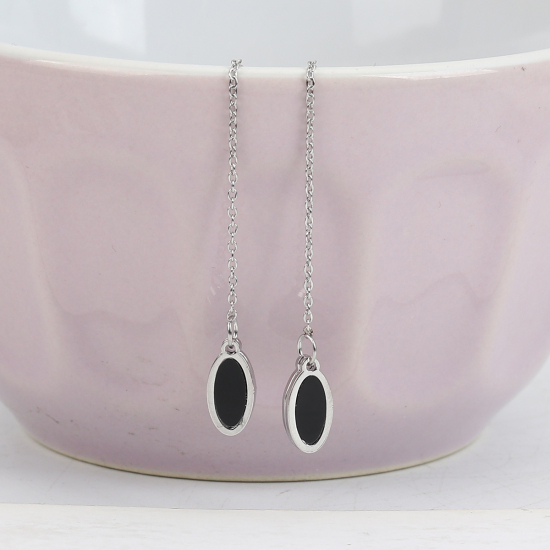 Immagine di 304 Acciaio Inossidabile Catenella a orecchino Tono Argento Nero Ovale 12.7cm, Posta / Filo Dimensione: (21 misura), 2 Pz