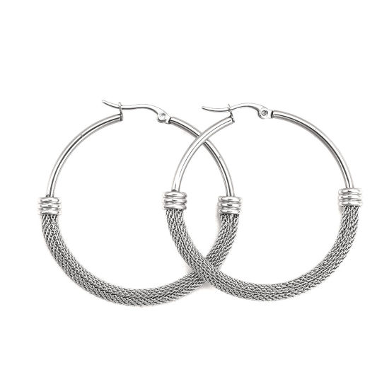 Picture of 304 Stainless Steel Hoop Earrings Silver Tone Round 4.9cm(1 7/8") x 4.7cm(1 7/8"), Post/ Wire Size: (18 gauge), 1 Pair