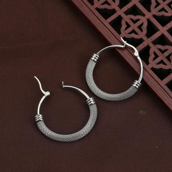 Picture of 304 Stainless Steel Hoop Earrings Silver Tone Round 4.9cm(1 7/8") x 4.7cm(1 7/8"), Post/ Wire Size: (18 gauge), 1 Pair