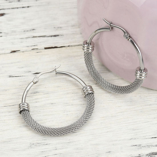 Picture of 304 Stainless Steel Hoop Earrings Silver Tone Round 3.9cm(1 4/8") x 3.7cm(1 4/8"), Post/ Wire Size: (18 gauge), 1 Pair