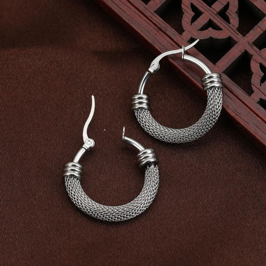 Picture of 304 Stainless Steel Hoop Earrings Silver Tone Round 3.9cm(1 4/8") x 3.7cm(1 4/8"), Post/ Wire Size: (18 gauge), 1 Pair