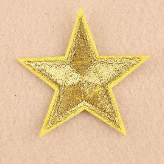 Imagen de Tela Apliques De Hierro Sobre Parches (Con Cola De Espalda) DIY Scrapbooking Craft Dorado Estrellas de cinco puntos 55mm x 53mm, 10 Unidades