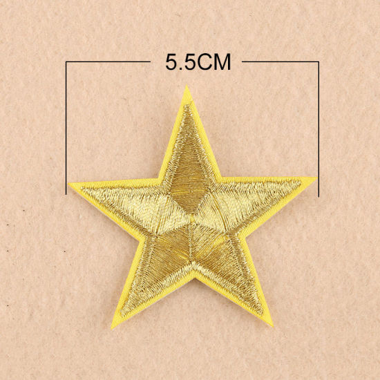Imagen de Tela Apliques De Hierro Sobre Parches (Con Cola De Espalda) DIY Scrapbooking Craft Dorado Estrellas de cinco puntos 55mm x 53mm, 10 Unidades