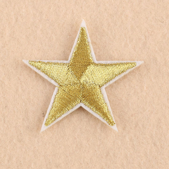Picture of Fabric Iron On Patches Appliques (With Glue Back) Craft Golden Pentagram Star 45mm(1 6/8") x 42mm(1 5/8"), 10 PCs