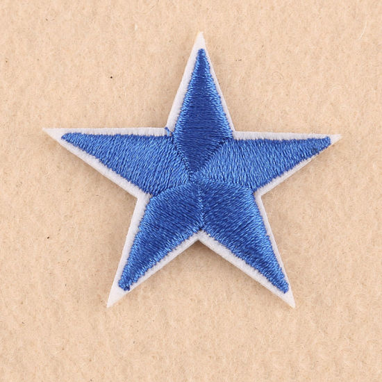 Picture of Fabric Iron On Patches Appliques (With Glue Back) Craft Blue Pentagram Star 43mm(1 6/8") x 42mm(1 5/8"), 10 PCs