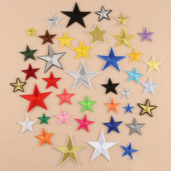 Imagen de Tela Apliques De Hierro Sobre Parches (Con Cola De Espalda) DIY Scrapbooking Craft Verde Estrellas de cinco puntos 45mm x 42mm, 10 Unidades