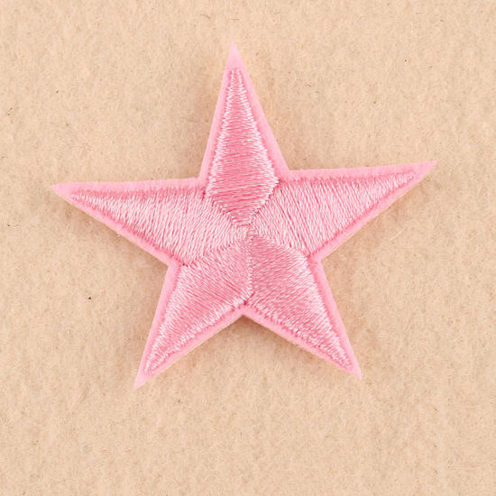 Picture of Fabric Iron On Patches Appliques (With Glue Back) Craft Pink Pentagram Star 45mm(1 6/8") x 41mm(1 5/8"), 10 PCs