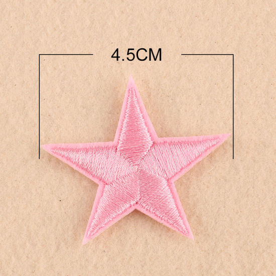 Imagen de Tela Apliques De Hierro Sobre Parches (Con Cola De Espalda) DIY Scrapbooking Craft Rosado Estrellas de cinco puntos 45mm x 41mm, 10 Unidades