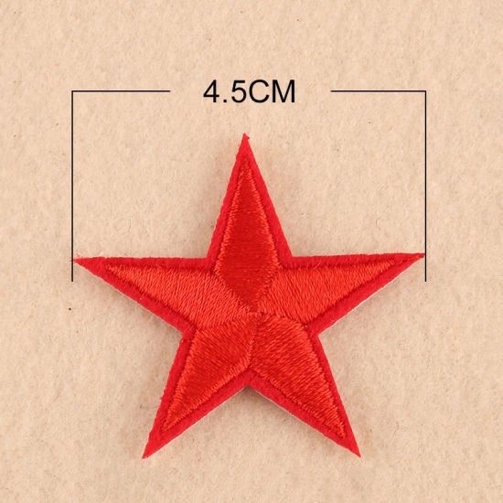 Imagen de Tela Apliques De Hierro Sobre Parches (Con Cola De Espalda) DIY Scrapbooking Craft Rojo Estrellas de cinco puntos 45mm x 44mm, 10 Unidades