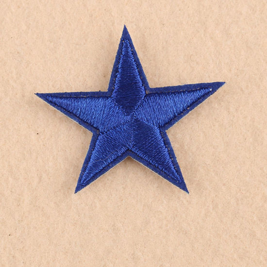 Picture of Fabric Iron On Patches Appliques (With Glue Back) Craft Royal Blue Pentagram Star 46mm(1 6/8") x 42mm(1 5/8"), 10 PCs
