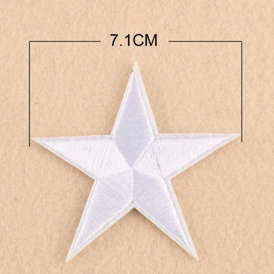 Imagen de Tela Apliques De Hierro Sobre Parches (Con Cola De Espalda) DIY Scrapbooking Craft Blanco Estrellas de cinco puntos 71mm x 71mm, 10 Unidades