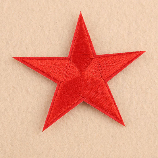 Imagen de Tela Apliques De Hierro Sobre Parches (Con Cola De Espalda) DIY Scrapbooking Craft Rojo Estrellas de cinco puntos 74mm x 70mm, 10 Unidades