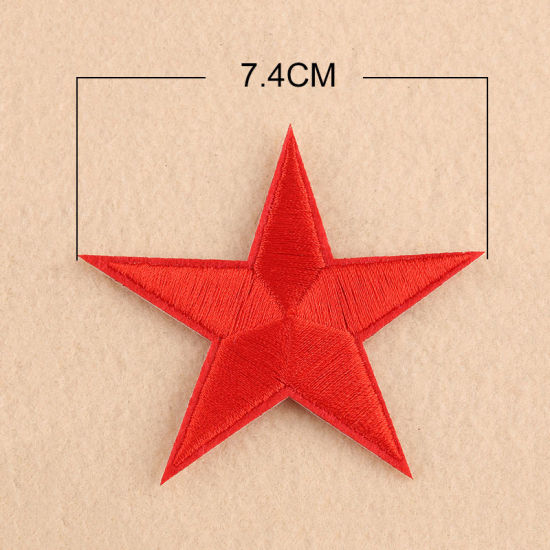 Imagen de Tela Apliques De Hierro Sobre Parches (Con Cola De Espalda) DIY Scrapbooking Craft Rojo Estrellas de cinco puntos 74mm x 70mm, 10 Unidades