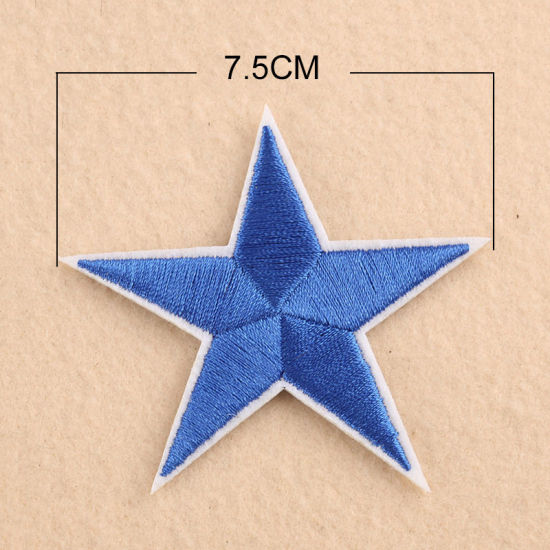 Imagen de Tela Apliques De Hierro Sobre Parches (Con Cola De Espalda) DIY Scrapbooking Craft Azul Estrellas de cinco puntos 75mm x 71mm, 10 Unidades