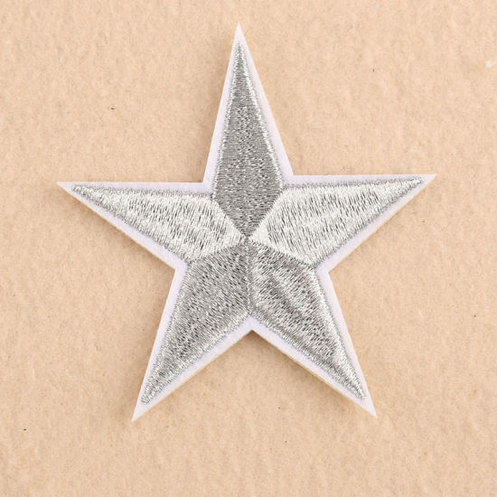 Picture of Fabric Iron On Patches Appliques (With Glue Back) Craft Silver Pentagram Star 77mm(3") x 72mm(2 7/8"), 10 PCs