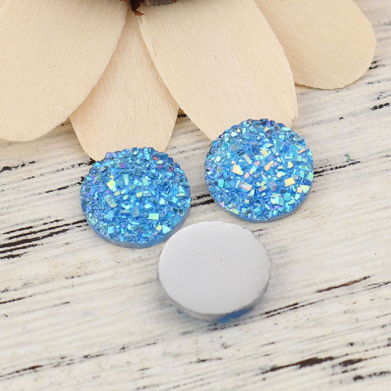 Picture of Resin Druzy/ Drusy Dome Seals Cabochon Round Light Blue AB Rainbow Color 12mm( 4/8") Dia., 50 PCs