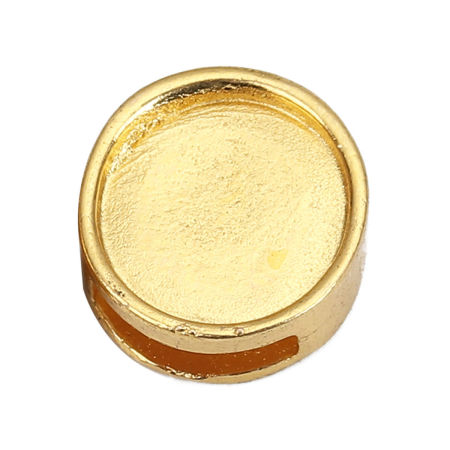 Zinc Based Alloy Slide Beads Flat Round Gold Plated Cabochon Settings (Fits 12mm Dia.) About 14mm Dia, Hole:Approx 10mm x3mm (Fits 10mm x 3mm Cord), 10 PCs