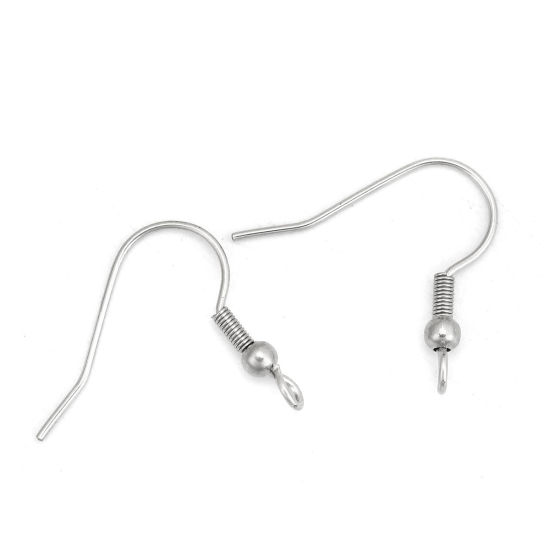 Picture of 304 Stainless Steel Ear Wire Hooks Earring Findings Silver Tone W/ Loop 22mm( 7/8") x 20mm( 6/8"), Post/ Wire Size: (21 gauge), 50 PCs