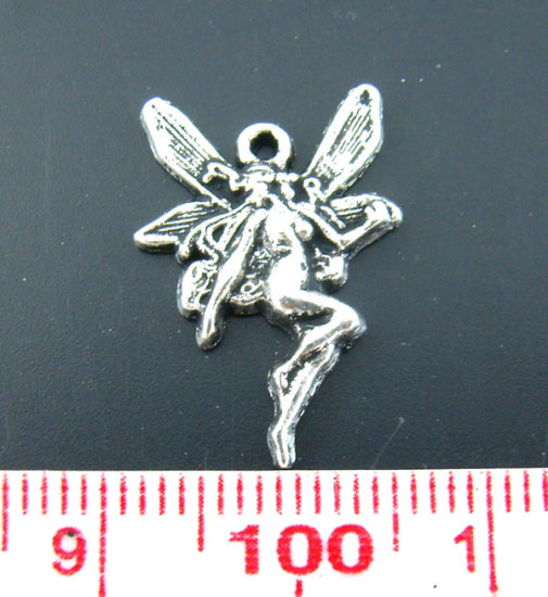 Imagen de Colgantes Aleación del Metal Del Zinc de Ángel Plata Antigua Rhinestone 21.0mm x 15.0mm, 60 Unidades 