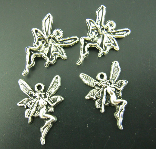 Imagen de Colgantes Aleación del Metal Del Zinc de Ángel Plata Antigua Rhinestone 21.0mm x 15.0mm, 60 Unidades 