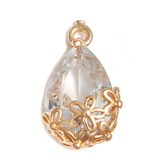 Immagine di Ottone & Zircone Cubico Charms Goccia Oro Placcato Trasparente Fiore 16mm x 9mm, 5 Pz