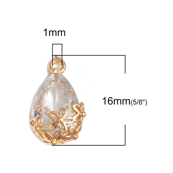 Immagine di Ottone & Zircone Cubico Charms Goccia Oro Placcato Trasparente Fiore 16mm x 9mm, 5 Pz