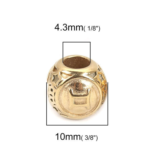 Imagen de 304 Acero Inoxidable Fundición Cuentas Ronda Chapado en Oro Constelación Géminis 10mm Diámetro, Agujero: Aprox 4.3mm, 1 Unidad