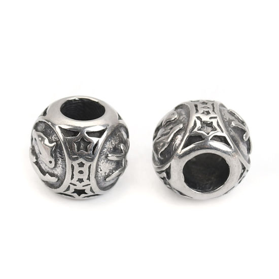 Imagen de 304 Acero Inoxidable Fundición Cuentas Ronda Plata Antigua Constelación Piscis 10mm Diámetro, Agujero: Aprox 4.3mm, 1 Unidad
