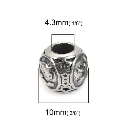 Imagen de 304 Acero Inoxidable Fundición Cuentas Ronda Plata Antigua Constelación Piscis 10mm Diámetro, Agujero: Aprox 4.3mm, 1 Unidad