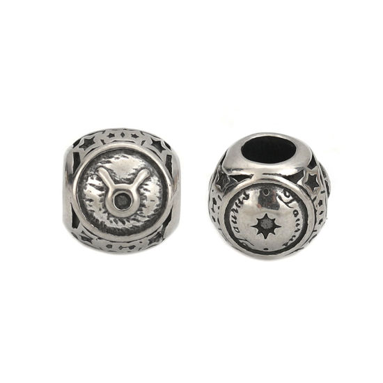 Imagen de 304 Acero Inoxidable Fundición Cuentas Ronda Plata Antigua Constelación Tauro 10mm Diámetro, Agujero: Aprox 4.3mm, 1 Unidad