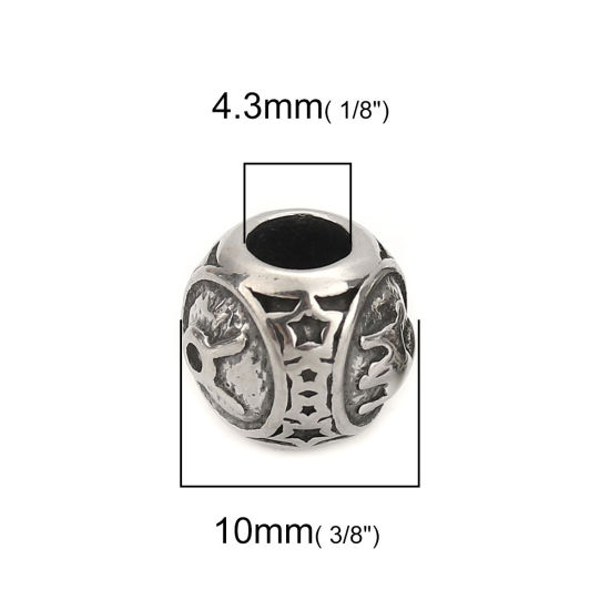 Imagen de 304 Acero Inoxidable Fundición Cuentas Ronda Plata Antigua Constelación Tauro 10mm Diámetro, Agujero: Aprox 4.3mm, 1 Unidad