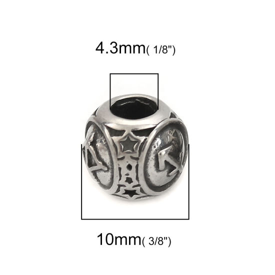 Imagen de 304 Acero Inoxidable Fundición Cuentas Ronda Plata Antigua Constelación Sagitario 10mm Diámetro, Agujero: Aprox 4.3mm, 1 Unidad