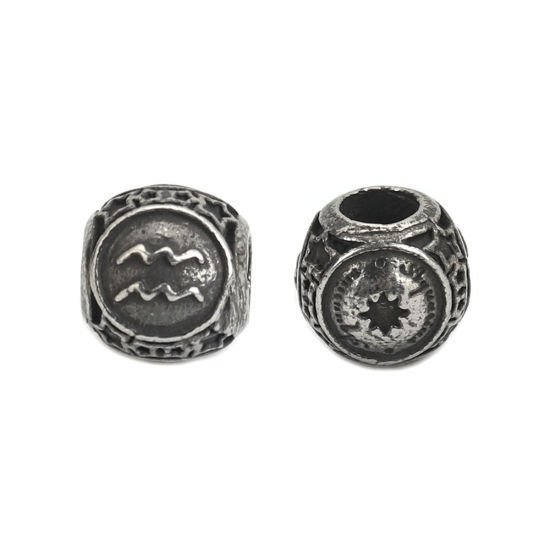 Picture of 304 Stainless Steel Casting Beads Round Gunmetal Aquarius Sign Of Zodiac Constellations About 10mm Dia., Hole: Approx 4.3mm, 1 Piece
