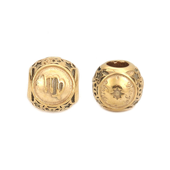 Imagen de 304 Acero Inoxidable Fundición Cuentas Ronda Chapado en Oro Constelación Virgo 10mm Diámetro, Agujero: Aprox 4.3mm, 1 Unidad