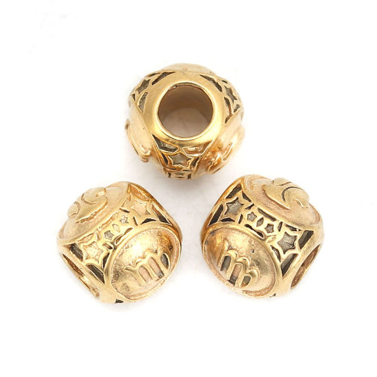 Imagen de 304 Acero Inoxidable Fundición Cuentas Ronda Chapado en Oro Constelación Virgo 10mm Diámetro, Agujero: Aprox 4.3mm, 1 Unidad